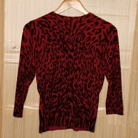 White House Black Market Red Black Animal Print Cardigan Sweater Small - Picture 2 of 5